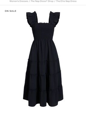 Hill House Black Smocked Midi Dress with Flutter Straps